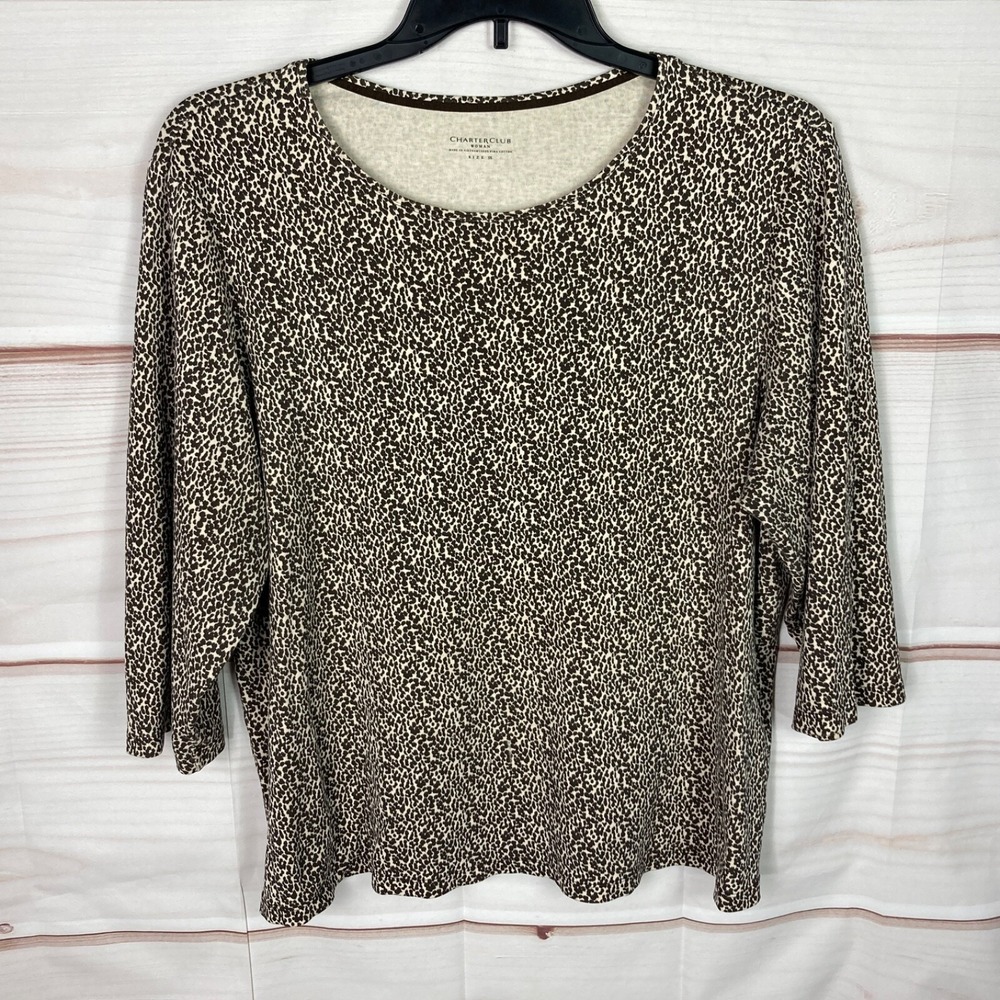 Charter Club Top Womens 3X Brown Leopard T-Shirt 3/4 Sleeve Pima Cotton Pullover